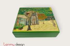 Green rectangular lacquer box carved Old Quarter painting with 8 partitions 27*30cm